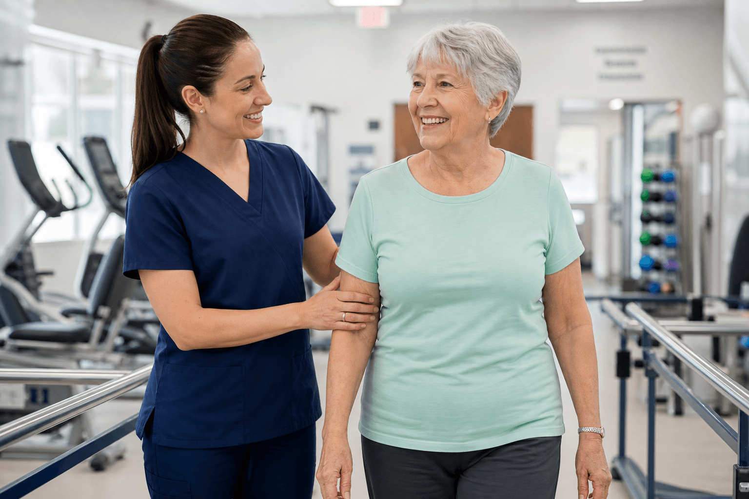 Physical therapist supporting a patient during recovery exercises